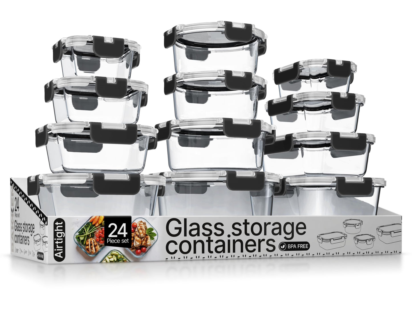 Bakken Borosilicate Glass Food Storage Containers with Lids 24 Pieces, BPA-Free Stackable Lunch & Leftover Containers, Microwave, Freezer & Dishwasher Safe, 100% Airtight Leak-Proof, Pink