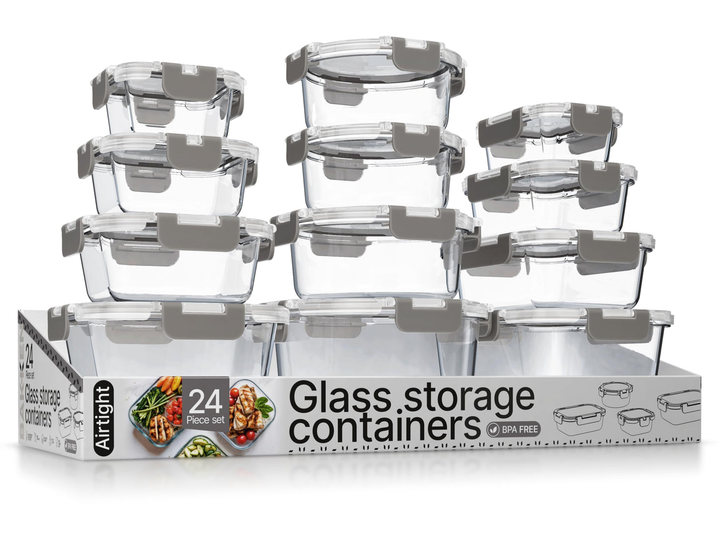 Bakken Borosilicate Glass Food Storage Containers with Lids 24 Pieces, BPA-Free Stackable Lunch & Leftover Containers, Microwave, Freezer & Dishwasher Safe, 100% Airtight Leak-Proof, Pink