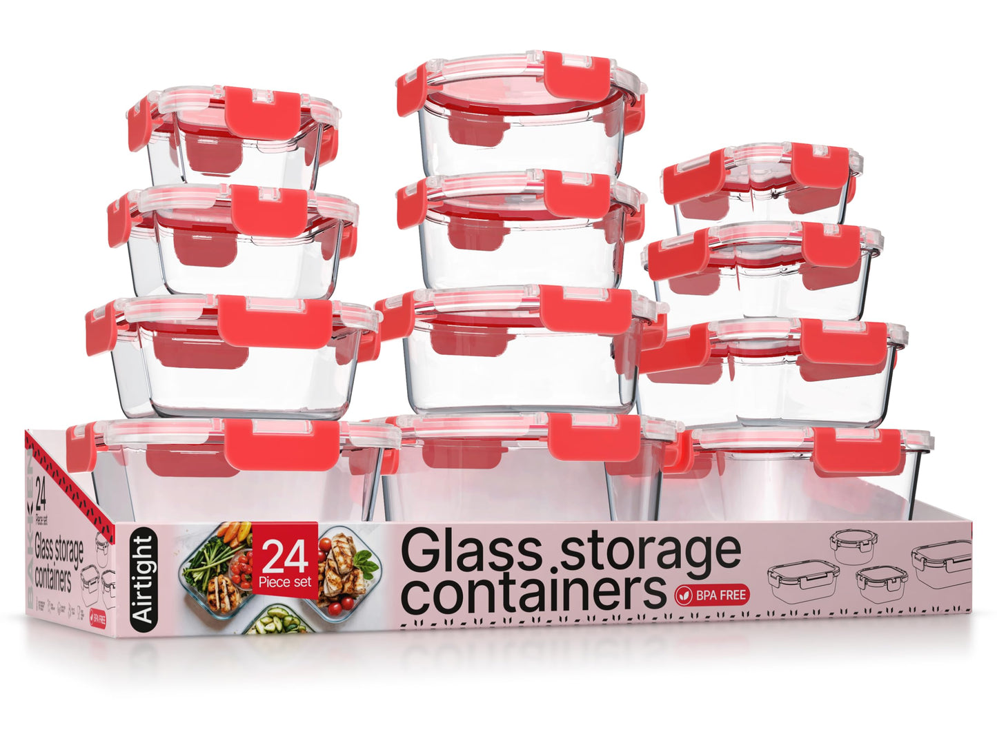 Bakken Borosilicate Glass Food Storage Containers with Lids 24 Pieces, BPA-Free Stackable Lunch & Leftover Containers, Microwave, Freezer & Dishwasher Safe, 100% Airtight Leak-Proof, Pink